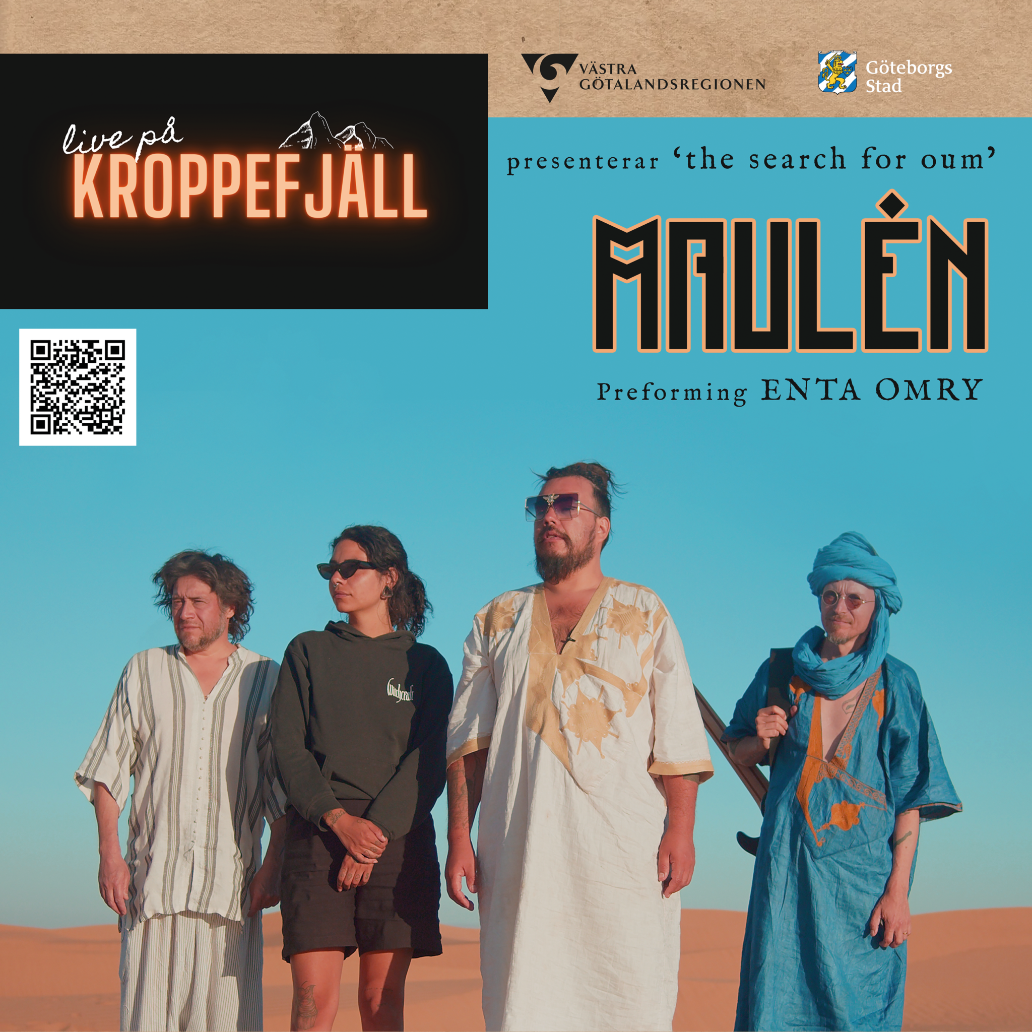 Fyra av Mauléns bandmedlemmar står i en öken mot blå himmel. Flera loggor och en QR-kod finns med i bild.